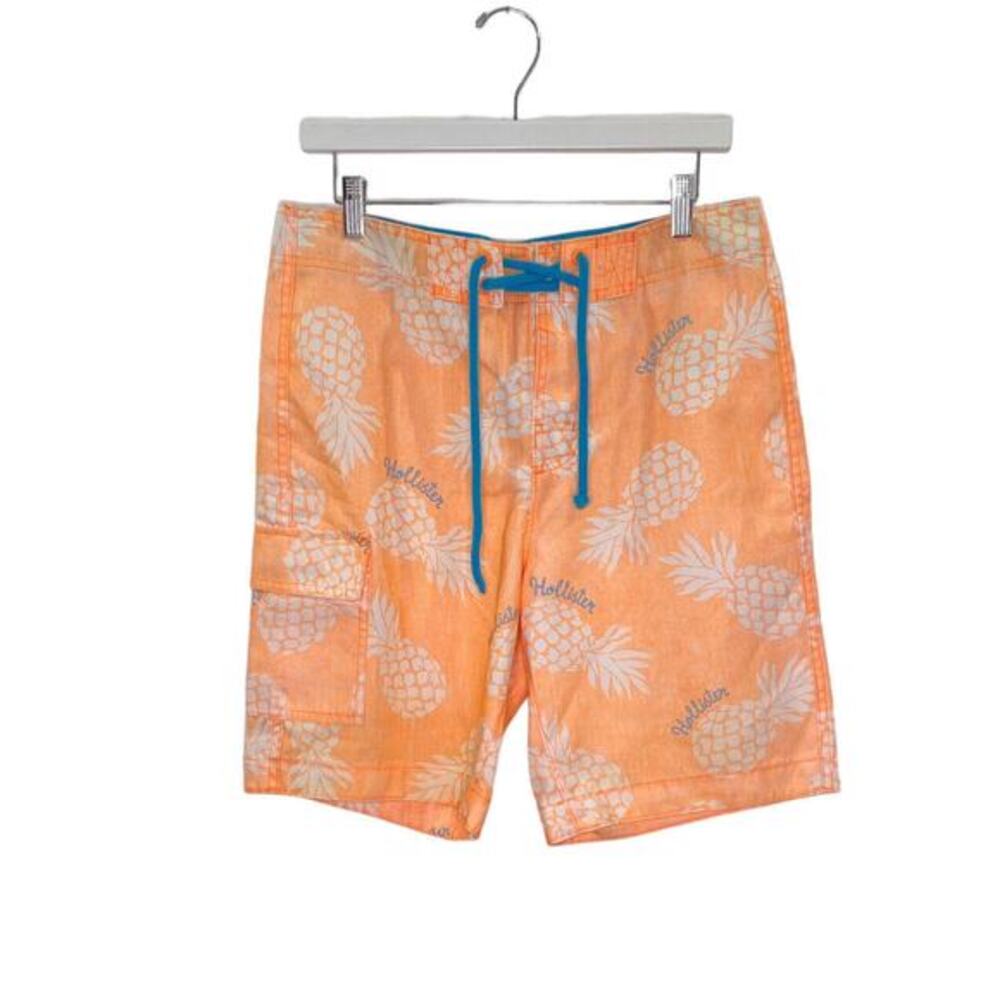 Hollister Mens Medium Neon Orange Pineapple Bermuda Board Shorts Swim Trunks‎